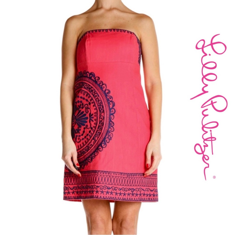 🆕 {Lilly Pulitzer} ‘Bowen’ Strapless Embroidered Mini Dress in Coral + Blue